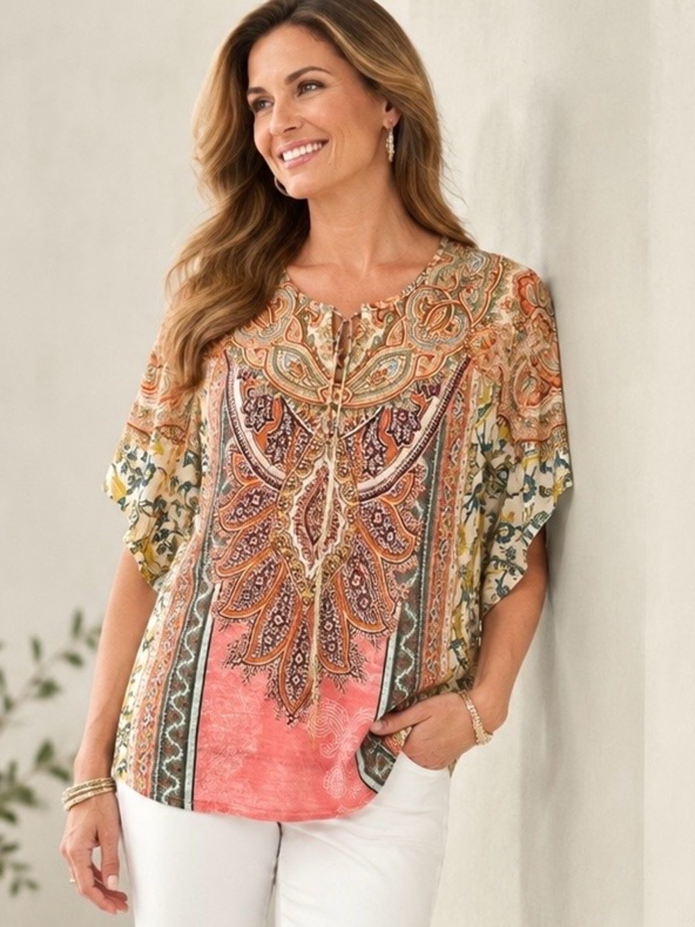 Chico’s Flutter-Sleeve Tie-Neck Top Size L